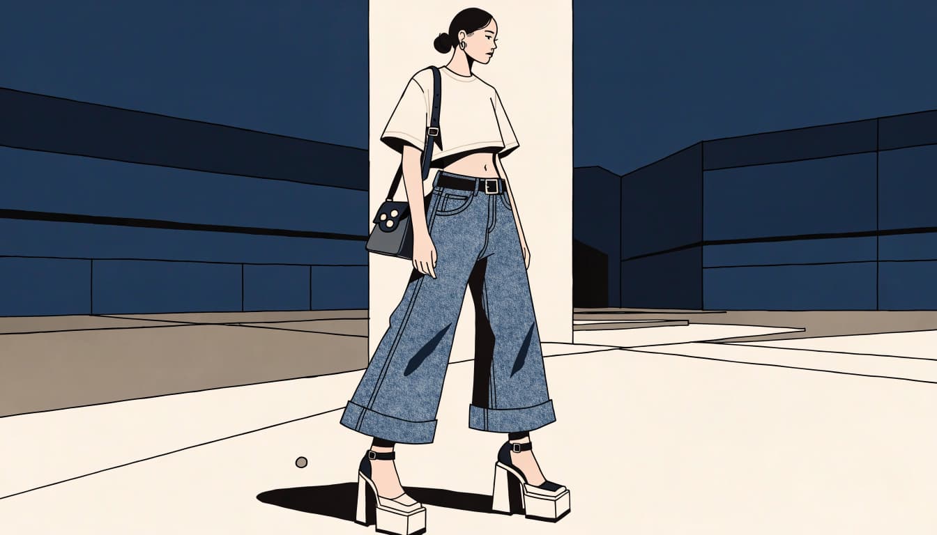A woman in low-rise flared jeans and a cropped tee stands in a geometric city plaza.