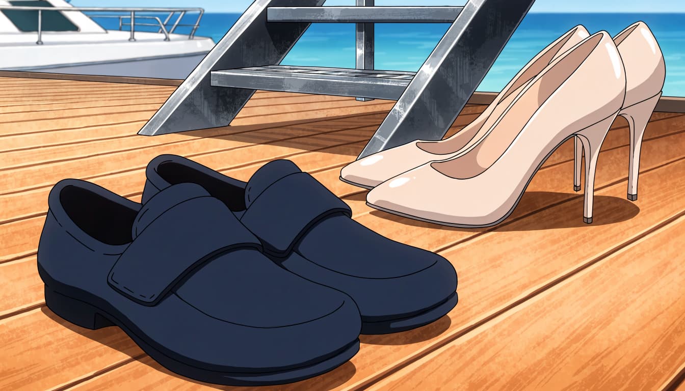 Anime-style image of dark deck shoes and beige high heels on a yacht teak deck.
