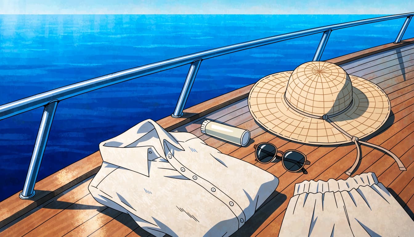 An anime-style illustration of a white linen shirt, shorts, hat, and sunglasses on a yacht deck.