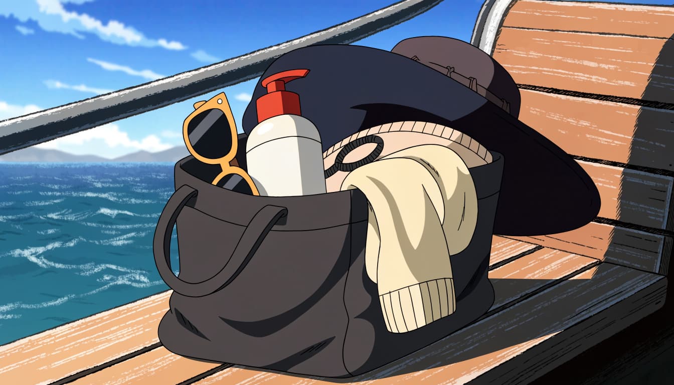 An anime-style still life of a tote bag packed with a hat, sunscreen, sunglasses, and sweater on a yacht deck.