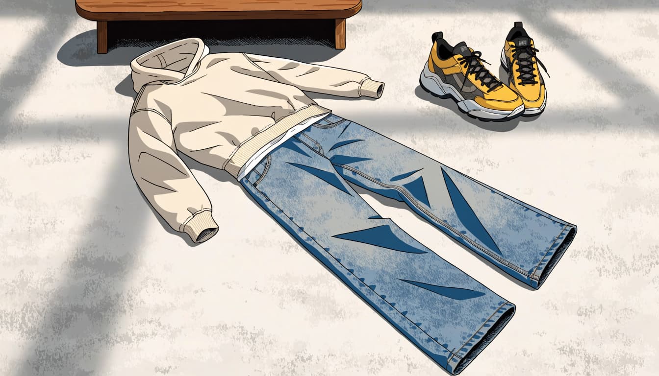 A cream hoodie, white tee, jeans, and yellow sneakers arranged on a pale floor.