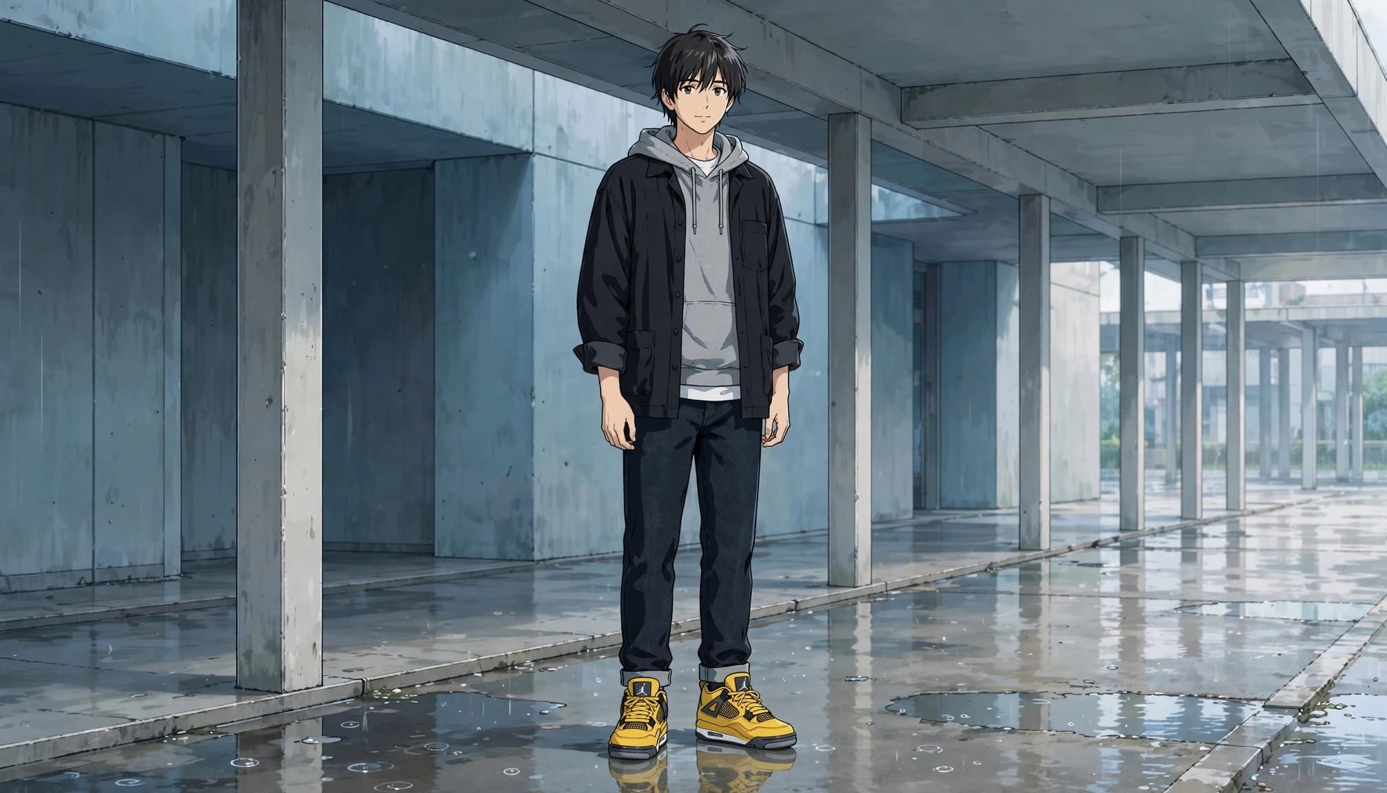 A person in cool-weather layers wears bright yellow sneakers on a covered walkway.
