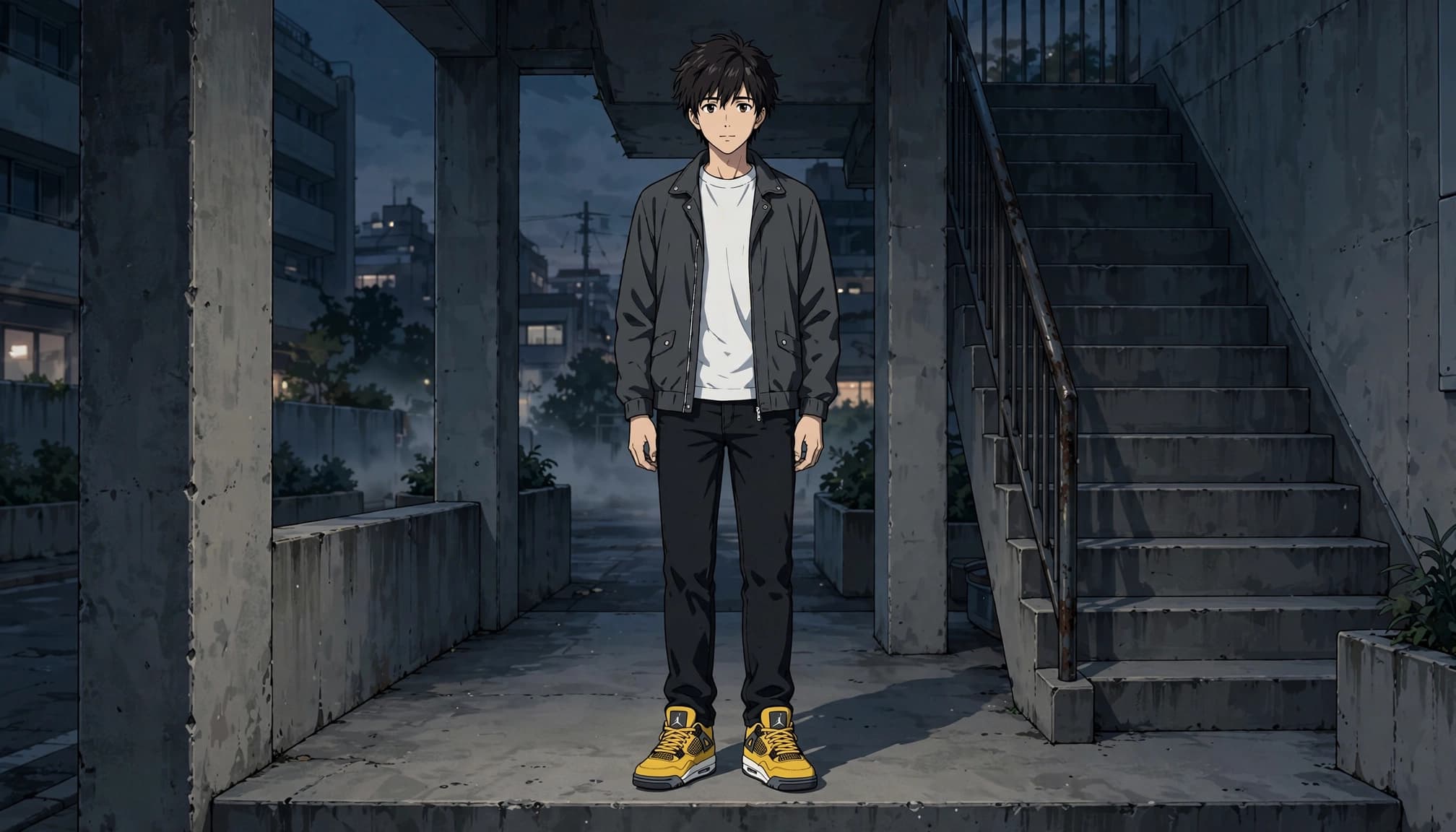 A person in dark streetwear wears vivid yellow high-top sneakers on concrete stairs.