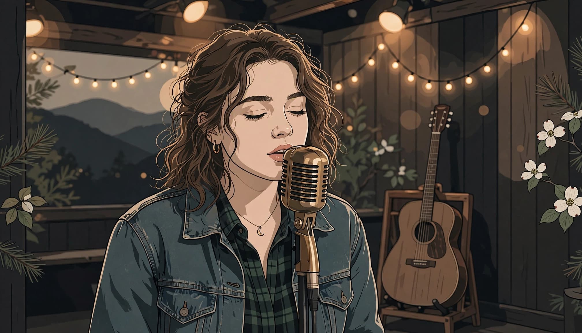 Young country singer performing at a vintage microphone with a guitar and warm lights behind her.