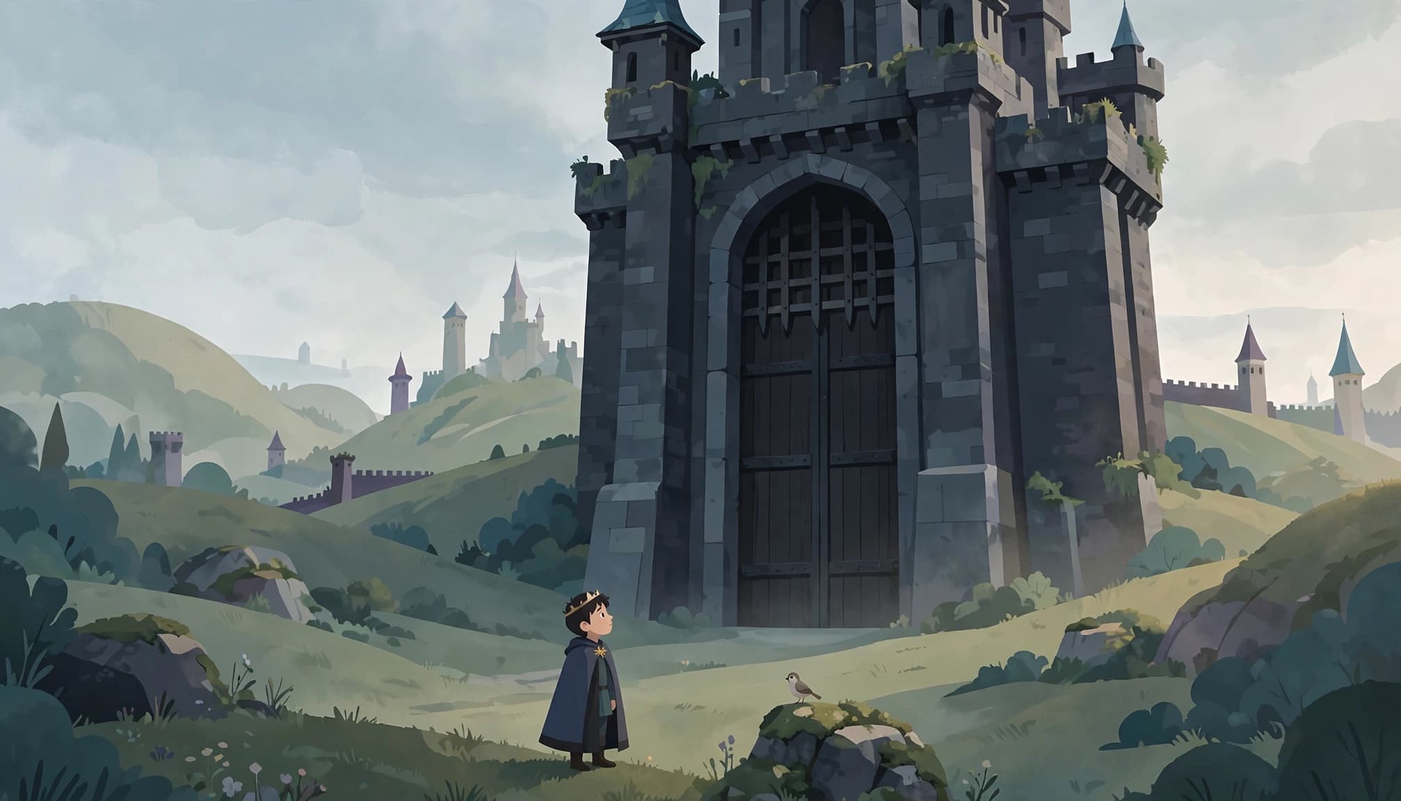A young prince and tiny bird stand before a large castle gate.