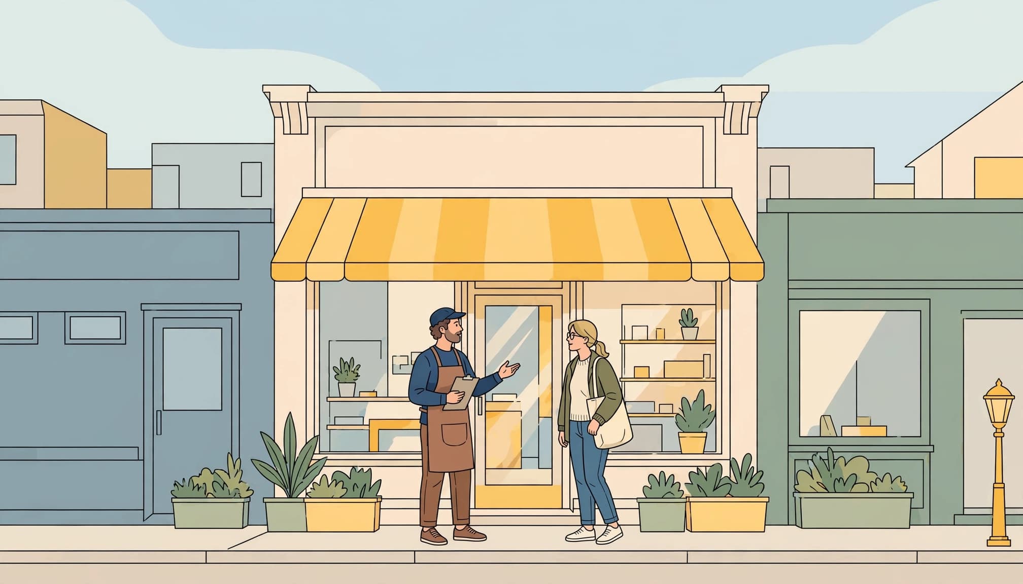 A store owner with a clipboard talks to a customer outside a shop.