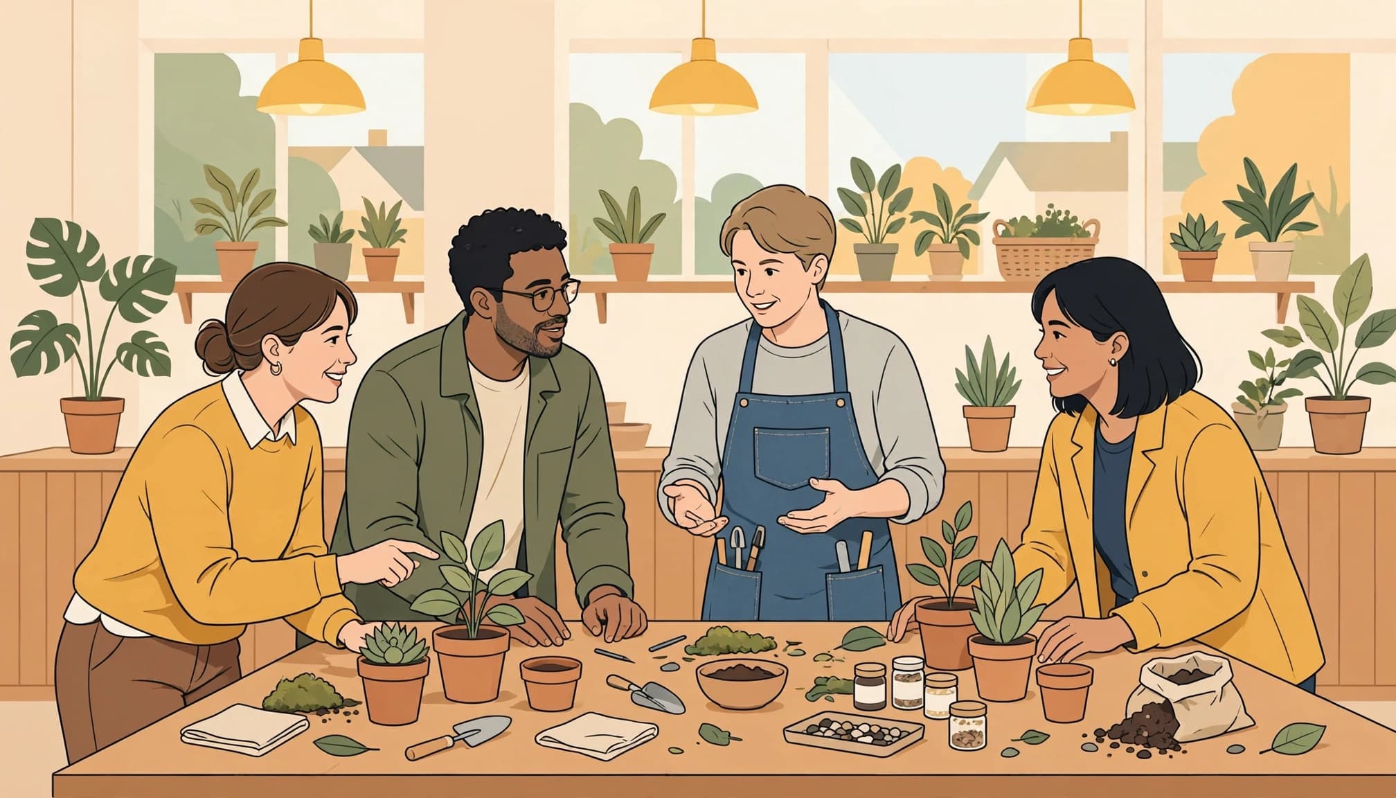 Four people gather around a table with potted plants and gardening tools in a workshop.
