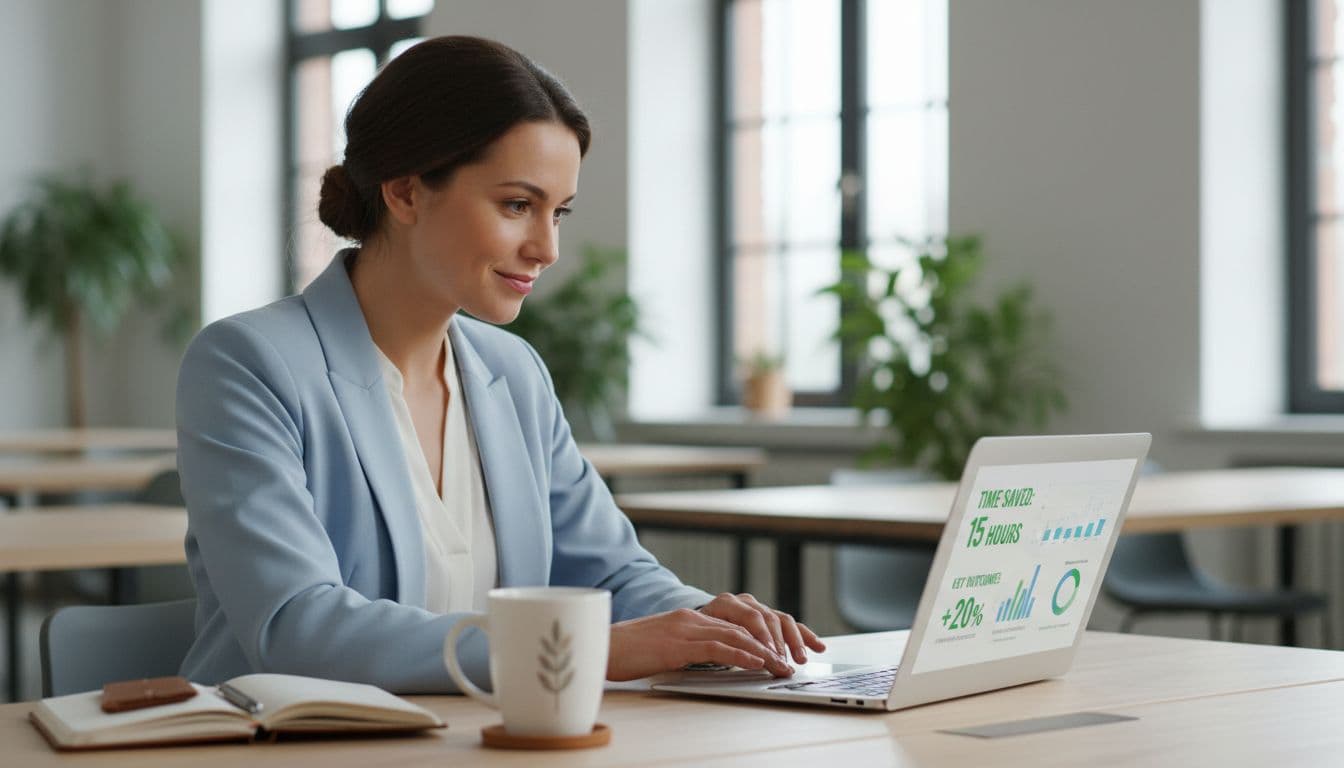 Busy marketing manager in modern office with relieved expression viewing simple laptop dashboard highlighting time saved and key outcomes, coffee mug and notebook nearby, natural daylight, realistic photo style.