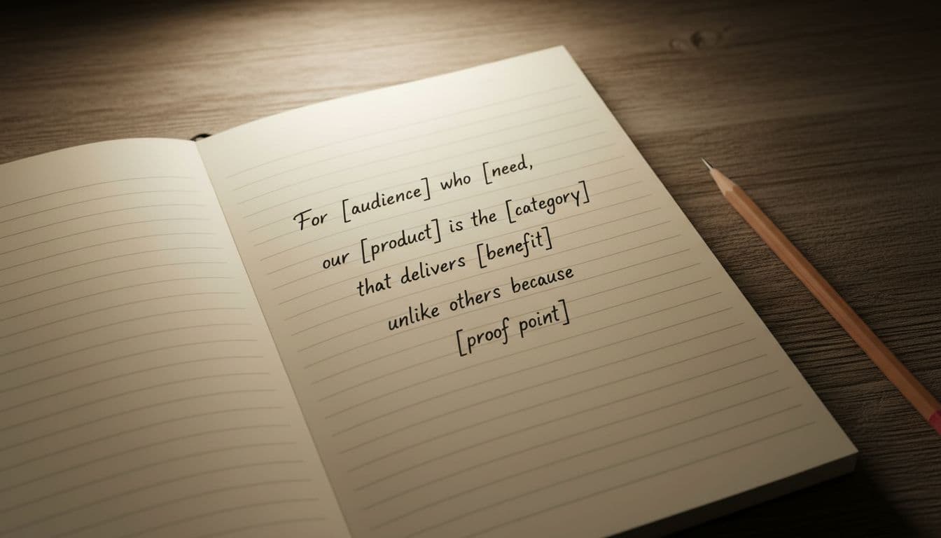 Close-up realistic photo of an open notebook on a wooden desk under soft lamp light, showing a handwritten value positioning statement formula in neat script, with a single pencil resting beside it and clean composition.