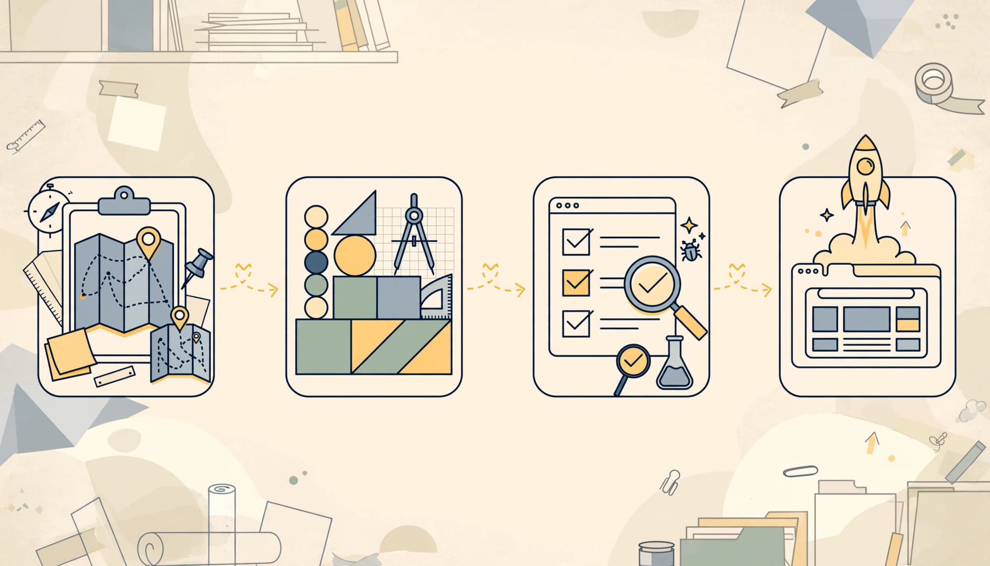 An illustration showing four steps of a website launch workflow from planning to publishing.
