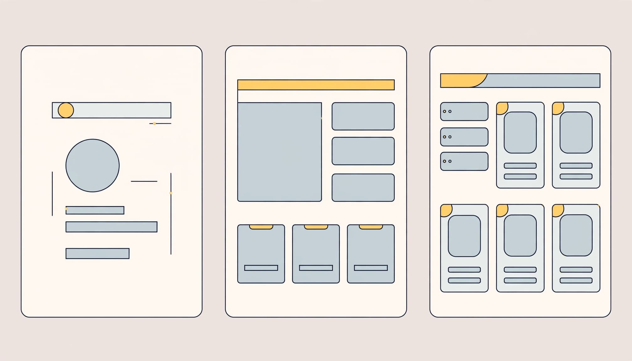 An illustration showing three website mockups of increasing complexity on a light background.