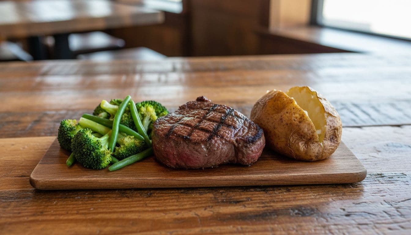 Texas Roadhouse Dallas Filet Nutrition - Top-down view of centered grilled filet steak with steamed broccoli, green beans, and halved baked potato on wooden table.