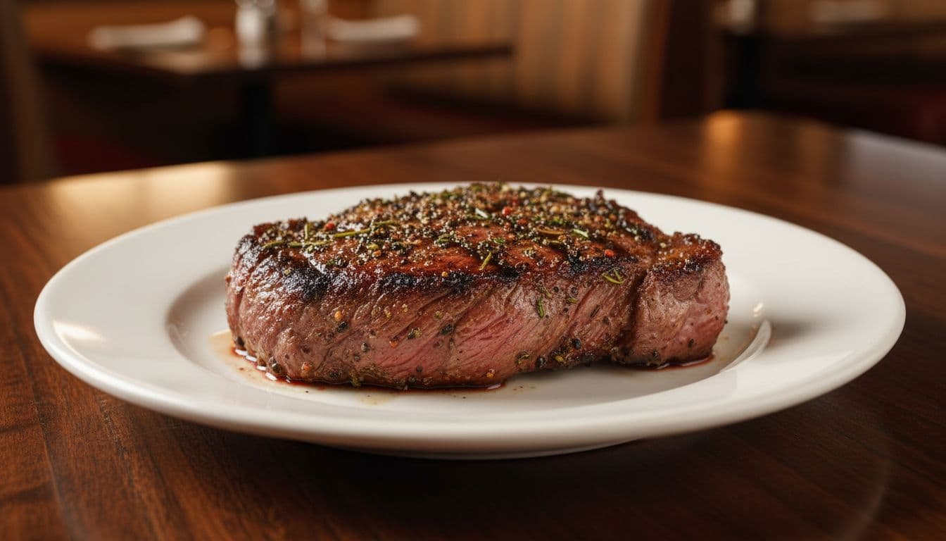 Texas Roadhouse Dallas Filet Nutrition - Close-up of medium-grilled Dallas filet steak with seared edges and herb seasoning on white plate.