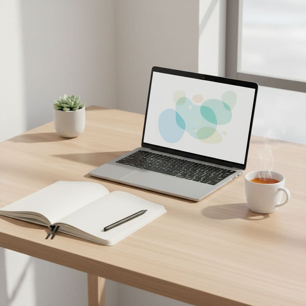 A sleek white desk surface features a single open laptop alongside a neatly placed notebook and black pen. Soft natural light flows across the workspace to create a quiet professional environment.