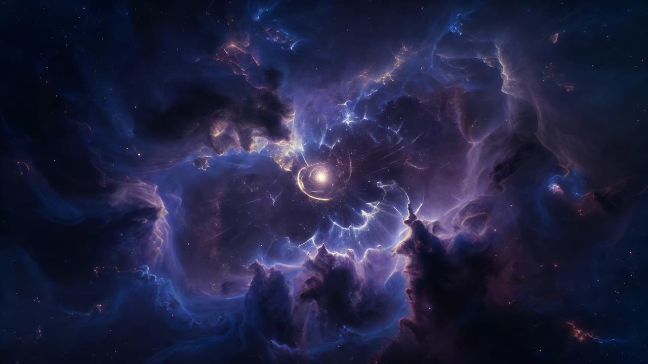 Swirling deep blue and violet nebulae converge toward a singular, radiant point of light. The celestial composition evokes profound transformation and the enigmatic energy of the cosmic vertex in space.