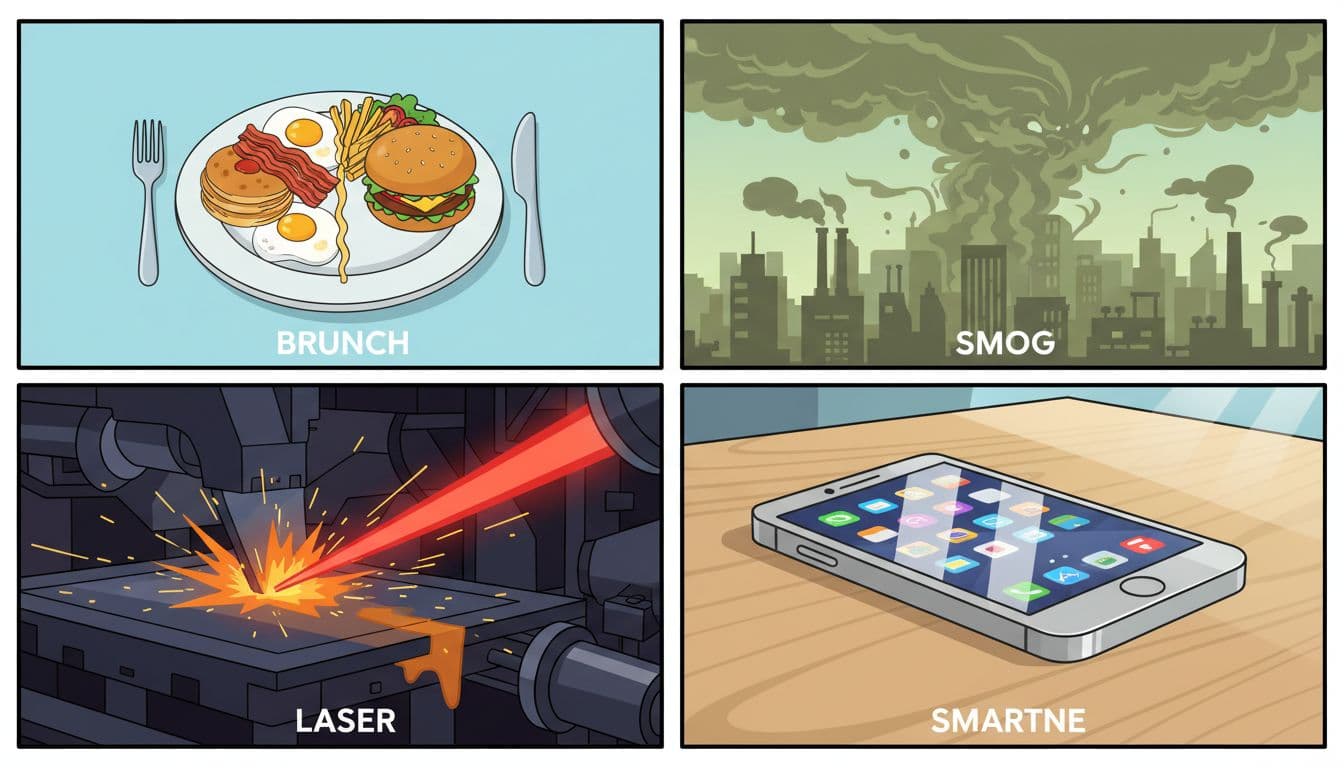 neologism meaning and definition- Four-panel grid shows split brunch plate, polluted skyline, laser cutting metal, smartphone on table.