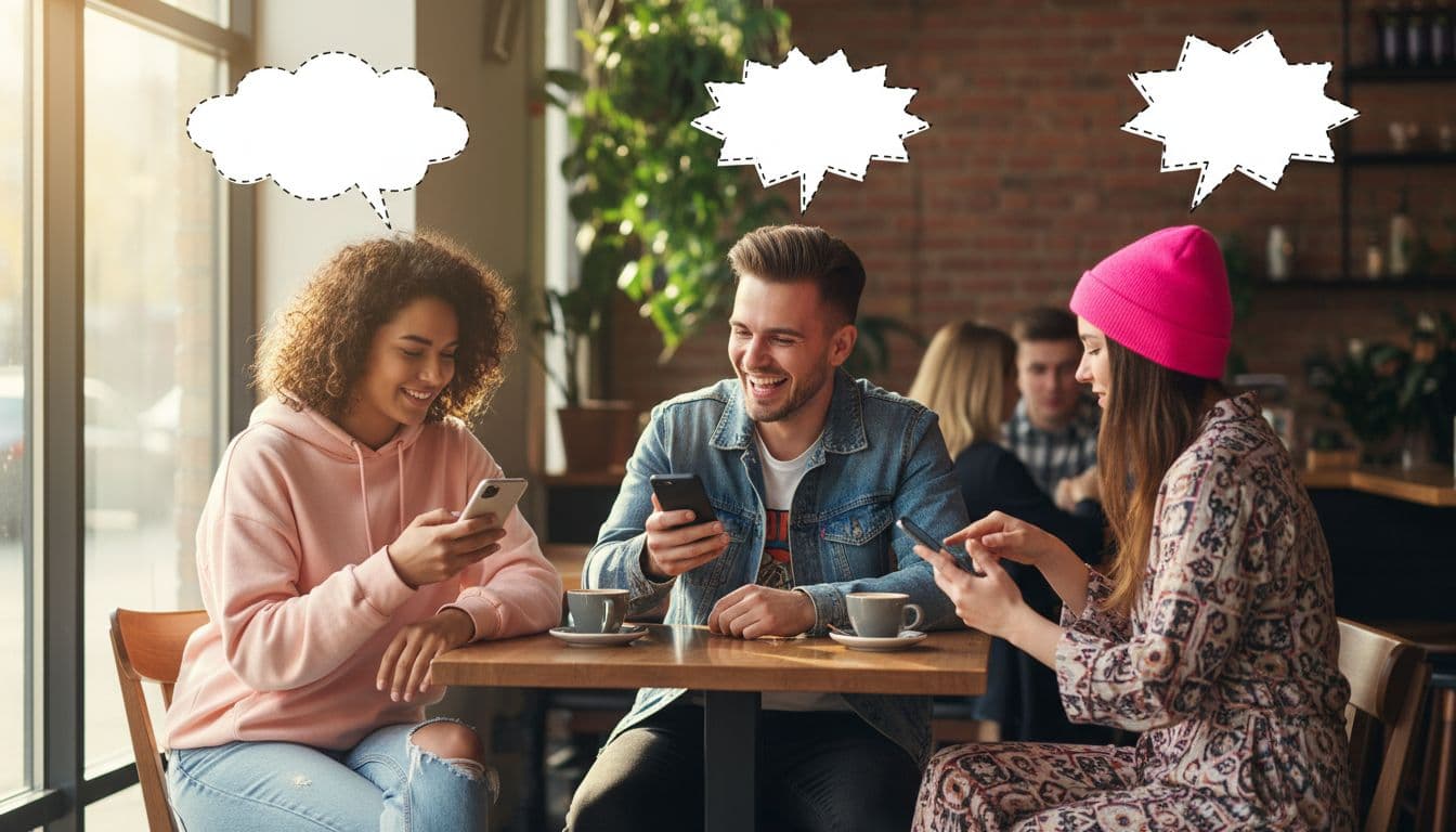 Three diverse young adults in modern cafe scroll smartphones and chat with empty speech bubbles - neologism meaning and definition