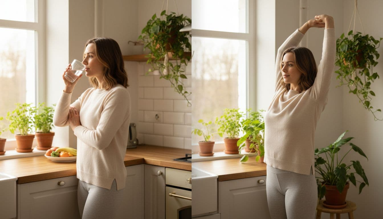 One person in a bright cozy kitchen bathed in morning light, first drinking water by the counter then doing light arm stretches near a window with plants, capturing a quick healthy routine in realistic photography with warm sunlight.