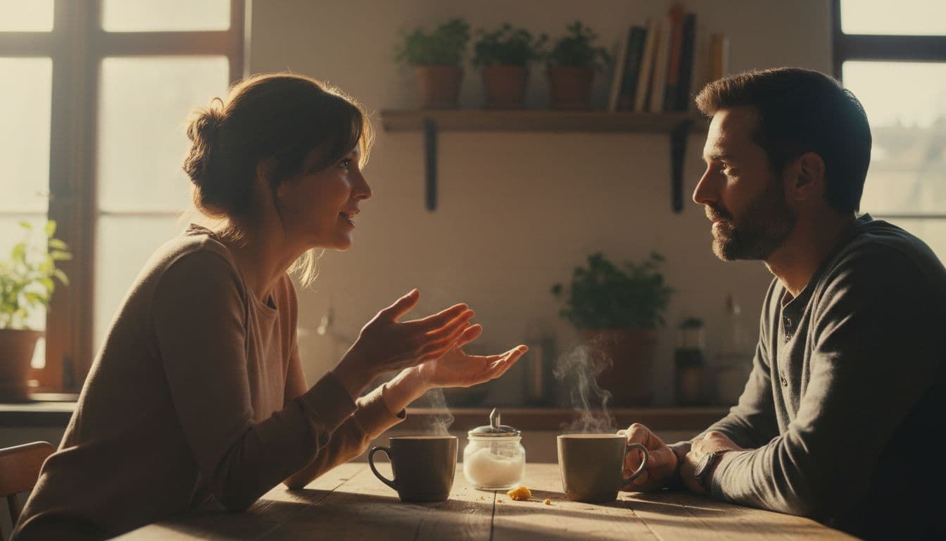 A woman speaks animatedly with mild hand gestures across a kitchen table from a man listening attentively with eye contact, slight nod, and empathetic expression, in a photorealistic sunlit morning scene with coffee mugs.