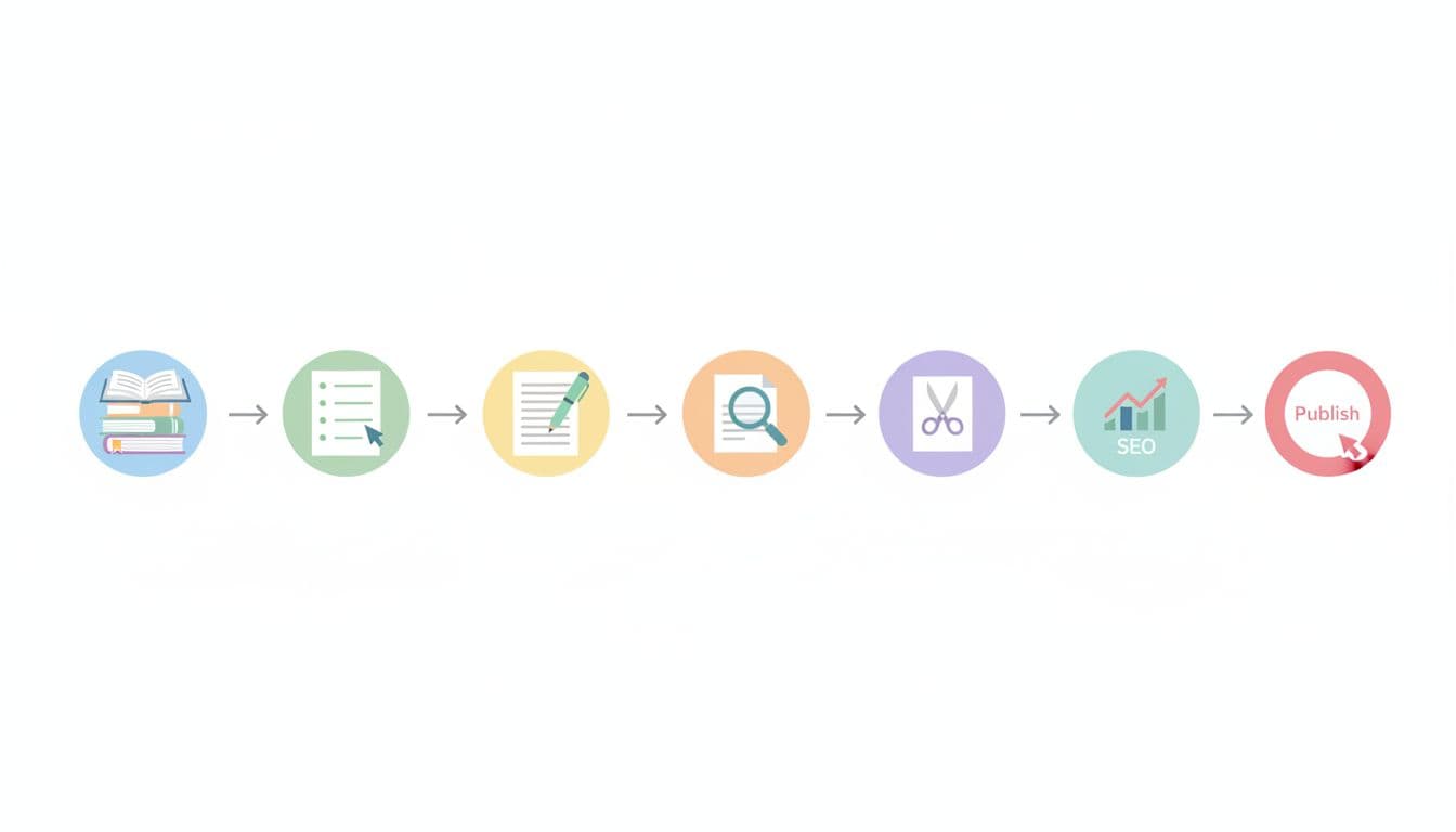 Simple horizontal flowchart illustration of a content creation workflow featuring icons for research, outlining, drafting, fact-checking, editing, SEO optimization, and publishing, connected by arrows on a clean white background in flat vector style with soft pastel colors.