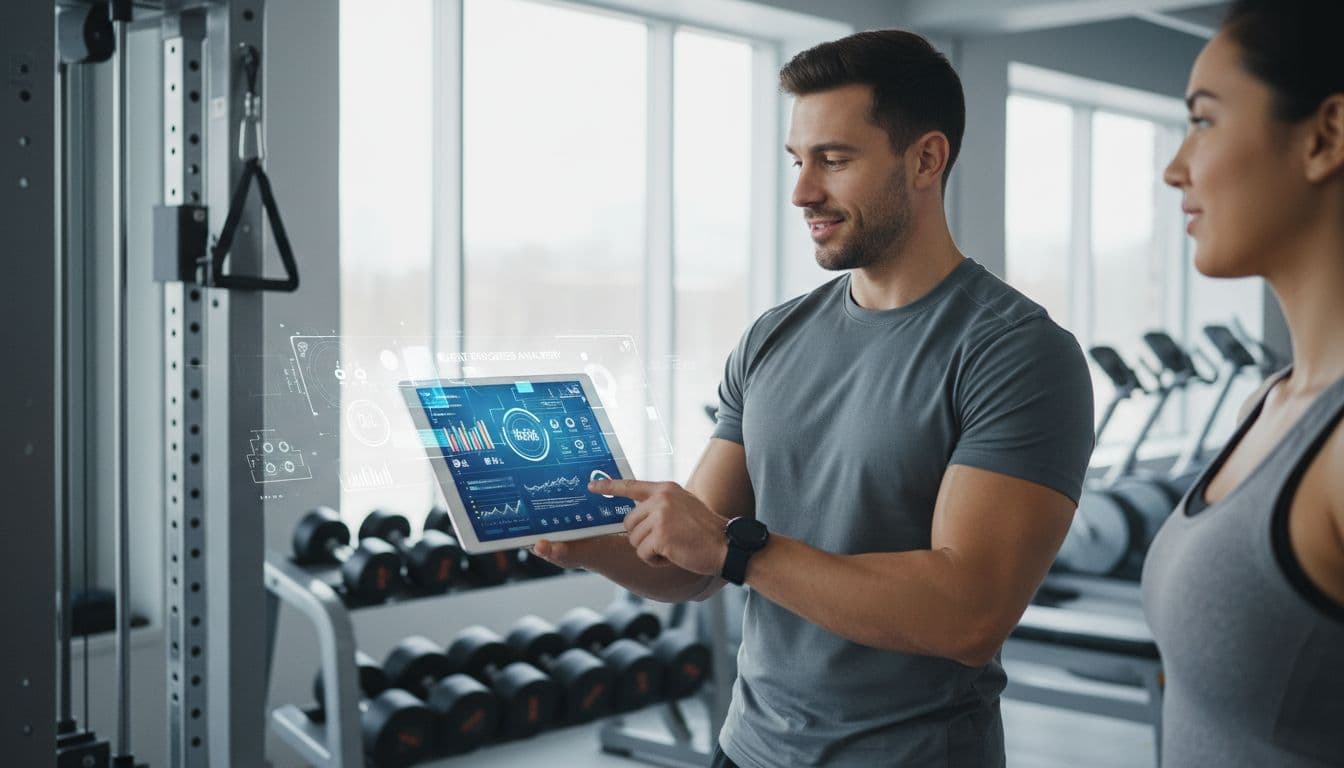 Fitness coach in a gym reviewing client progress on a tablet with subtle AI summary overlay, client partially visible nearby, motivational atmosphere with natural lighting and gym equipment in background.
