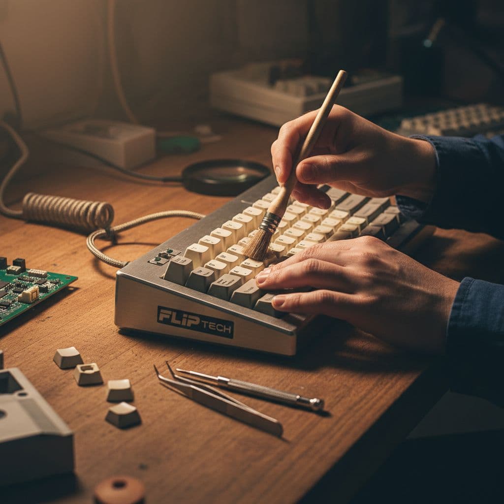 A person carefully examines a retro-style mechanical keyboard on a workbench, holding a small brush to dust between the keys amid tinkering tools.