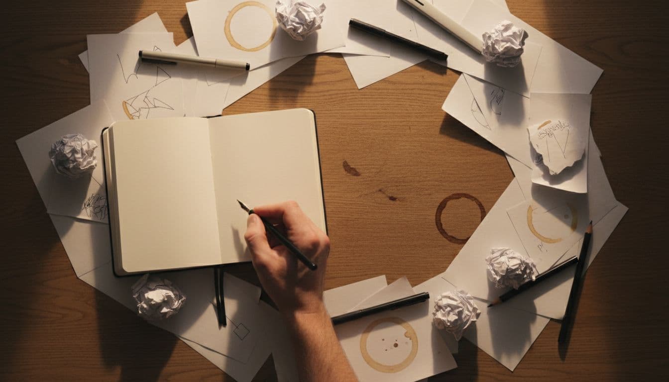 Close-up overhead shot of a hand writing quickly in a notebook on a cluttered desk with scattered papers, pens, and coffee rings, illuminated by soft morning light, symbolizing mental decluttering.