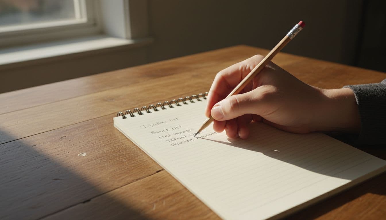 Close-up of an open notebook on a wooden kitchen table with a relaxed hand writing a short unsorted task list in pencil, illuminated by morning sunlight streaming through a window.