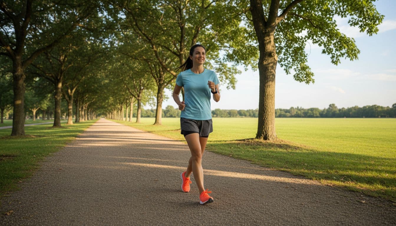 A fit adult walks briskly on a sunny park path in casual clothes and sneakers, capturing a simple 10-minute daily habit with a relaxed focused expression amid trees and grass in natural afternoon light.