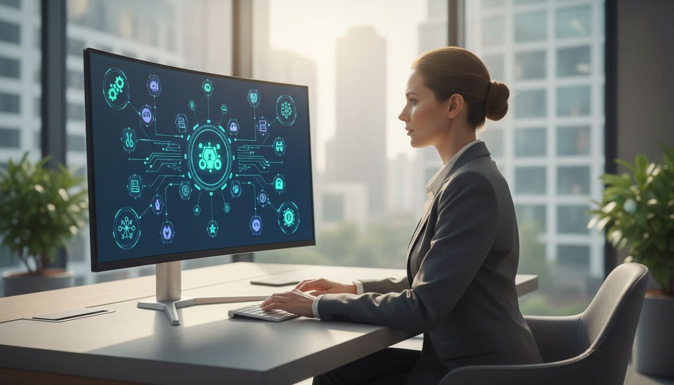 A single business professional seated at a modern office desk, hands on keyboard, with computer screen displaying abstract workflow icons and AI symbols under soft natural lighting.