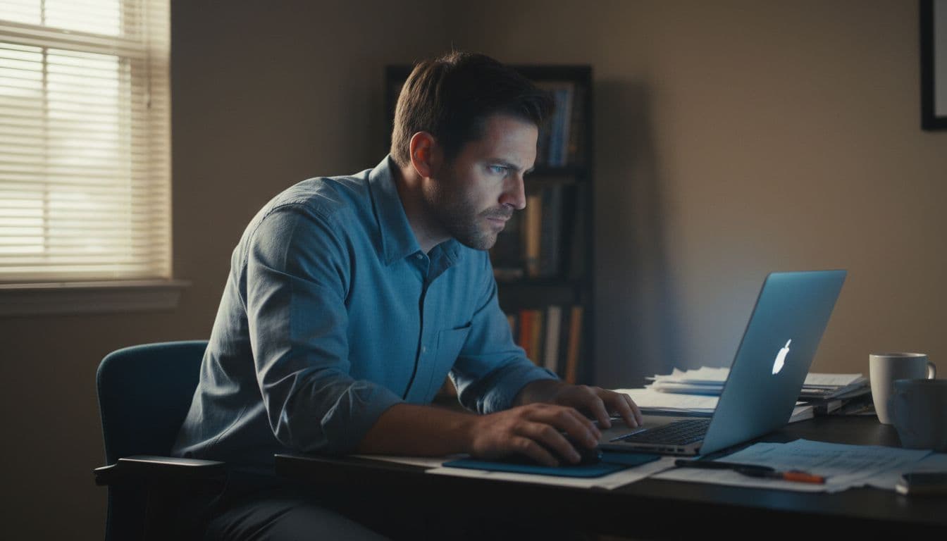 A mid-30s man at a cluttered home office desk shows stress with clenched jaw, tight shoulders, shallow breathing, staring intently at laptop.