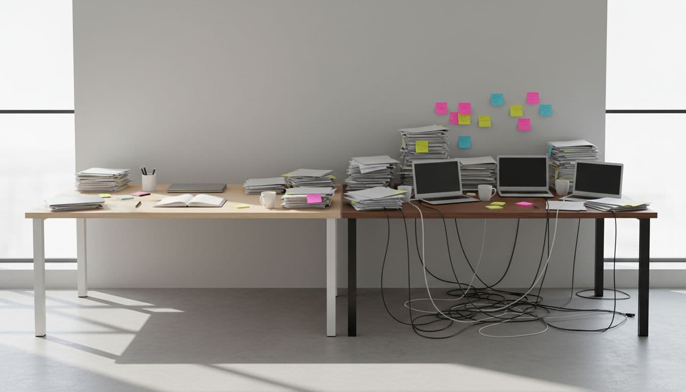 Side-by-side office desks: left clean and minimal with blank notebook, pen, closed laptop; right cluttered with papers, open laptops, cables, sticky notes. Modern workspace in bright daylight, photorealistic high detail, no people or text.