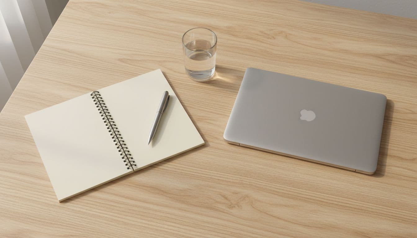 Top view of a distraction-free minimalist desk with open notebook, resting pen, closed laptop, and glass of water on wooden surface under soft natural daylight.