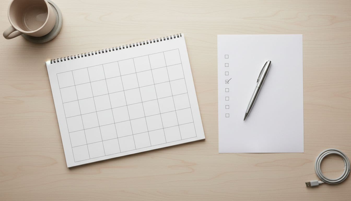 A top-down view of a clean, modern office desk with a paper calendar, single pen, and simple checklist in neutral tones and soft lighting, ideal for visualizing planning and tracking growth goals.