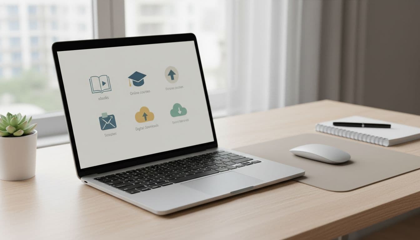 Clean workspace with laptop open to a blurred simple online marketplace interface showing icons for digital products like ebooks and courses, mouse and notepad beside, soft natural light, photorealistic, landscape orientation.