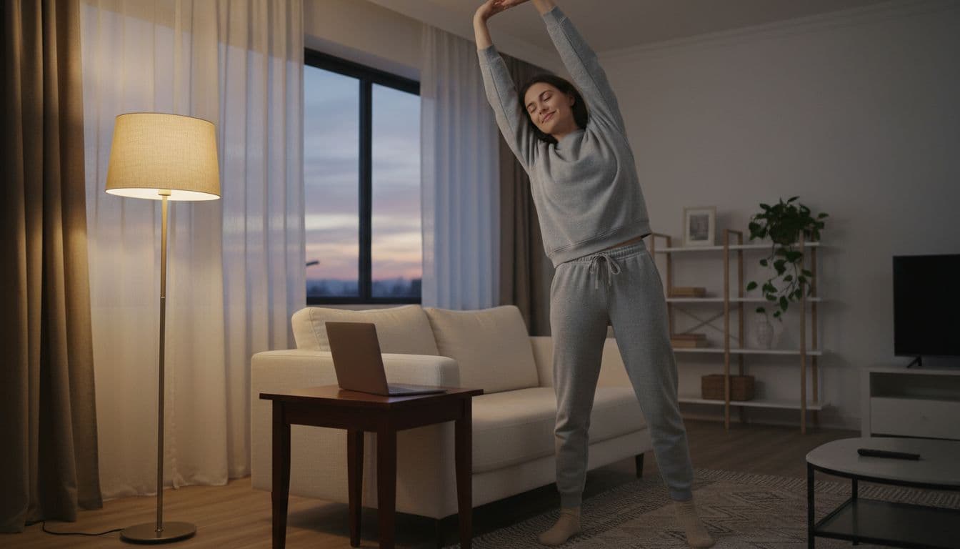A person in comfortable home clothes stands in a living room at dusk, closing a laptop on a side table and stretching arms overhead with a relaxed smile in warm lamp light.