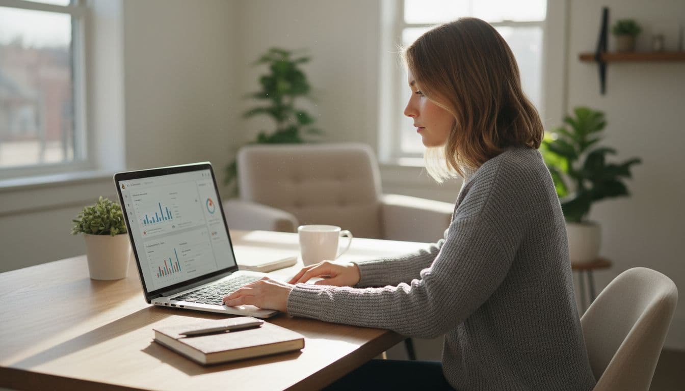 A focused content writer sits at a modern wooden desk in a bright home office, with a laptop open to a blurred AI writing tool dashboard, coffee mug and notebook nearby.