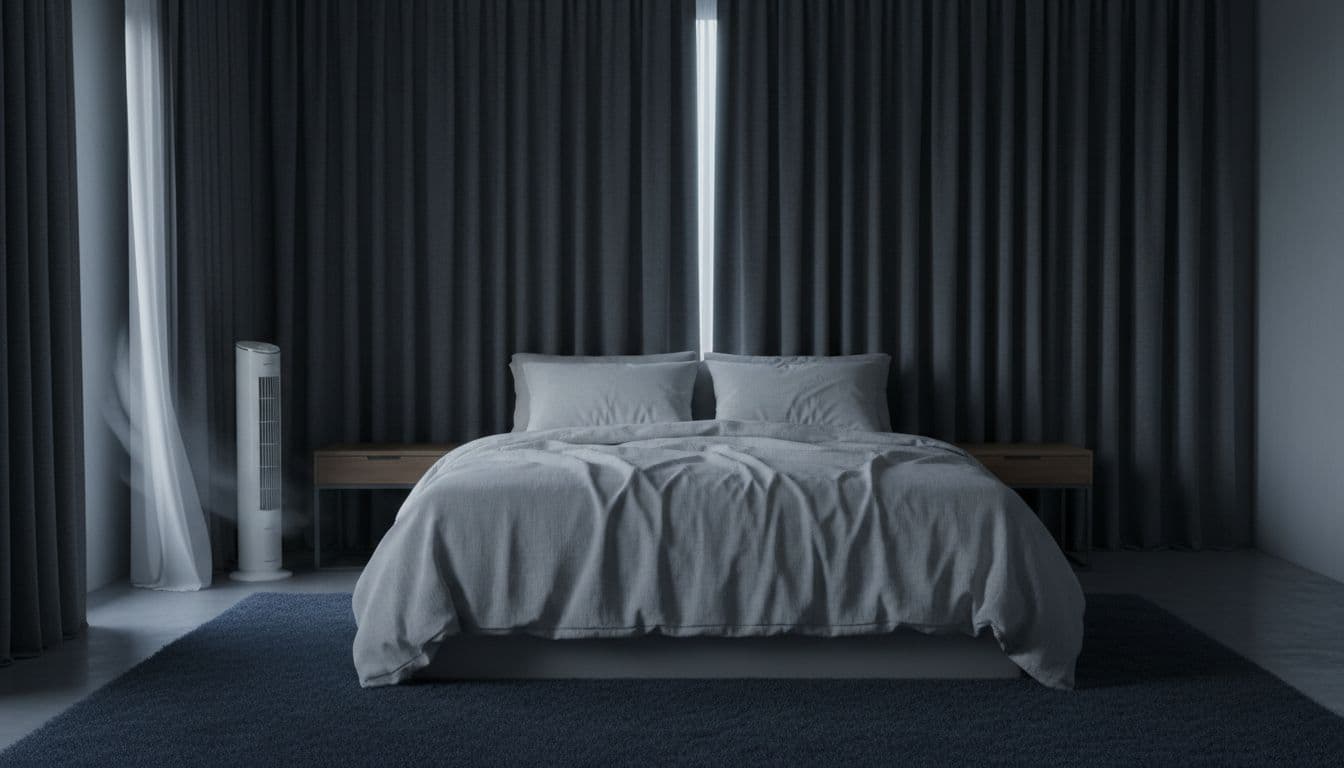 Photorealistic dark cool bedroom at night ready for sleep, with neatly made bed, light breathable sheets, blackout curtains, small fan on nightstand, faint moonlight, serene vibe around 65F, no people or screens.