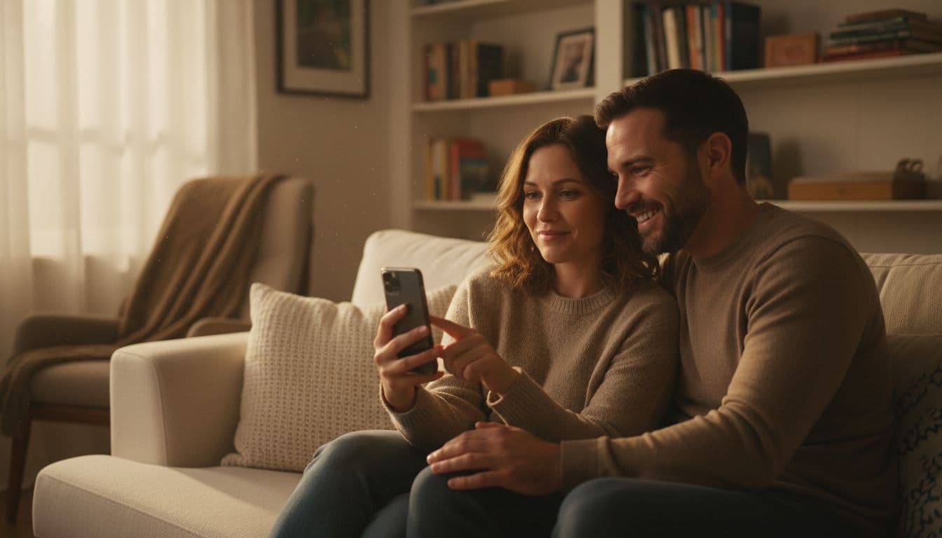 A man and woman sit closely on a living room couch in warm evening light, the woman showing her phone screen to the smiling, engaged man leaning in with a hand on her knee.