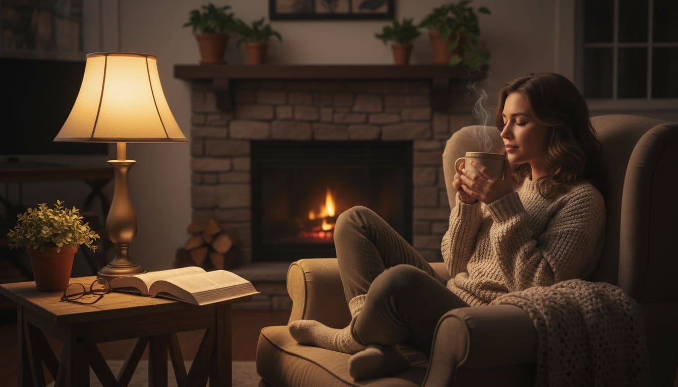 A single person relaxes in a cozy living room at evening, holding a warm mug of tea with an open book nearby on a side table, under soft dim lamp lighting.