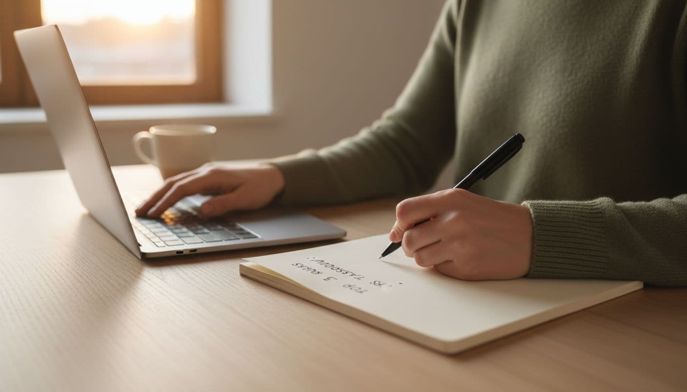 One person in a cozy home office at day's end closes their laptop and writes top three tasks in a simple notebook on a tidy desk, with relaxed shoulders under warm evening light from the window.