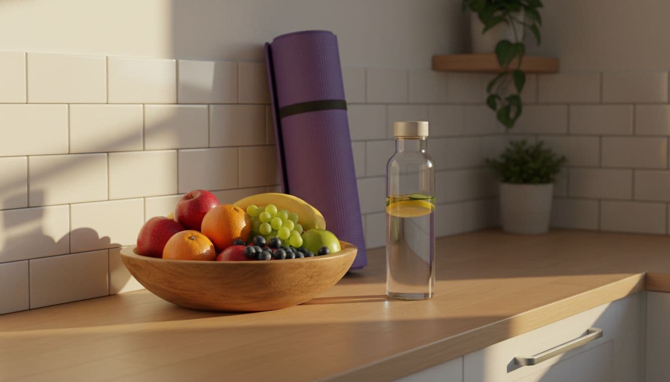 Photorealistic cozy kitchen counter with bowl of fresh colorful fruits, filled reusable water bottle, and rolled-up yoga mat nearby, in warm soft morning sunlight, inviting clean composition from slight angle.