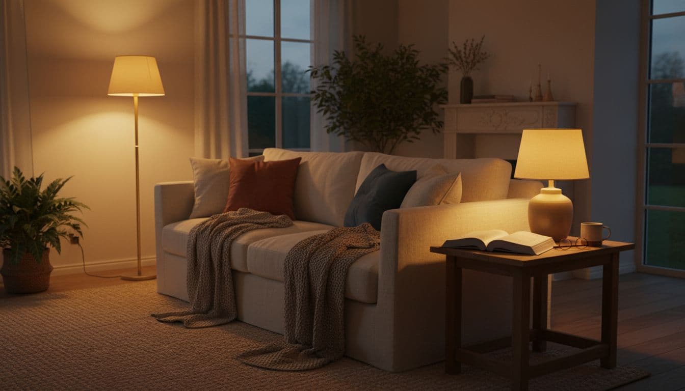 Photorealistic cozy living room in early evening with warm lamp light casting a soft glow on sofa and side table with book, dim relaxed ambiance, no overhead lights, people, screens, devices, text, or logos.