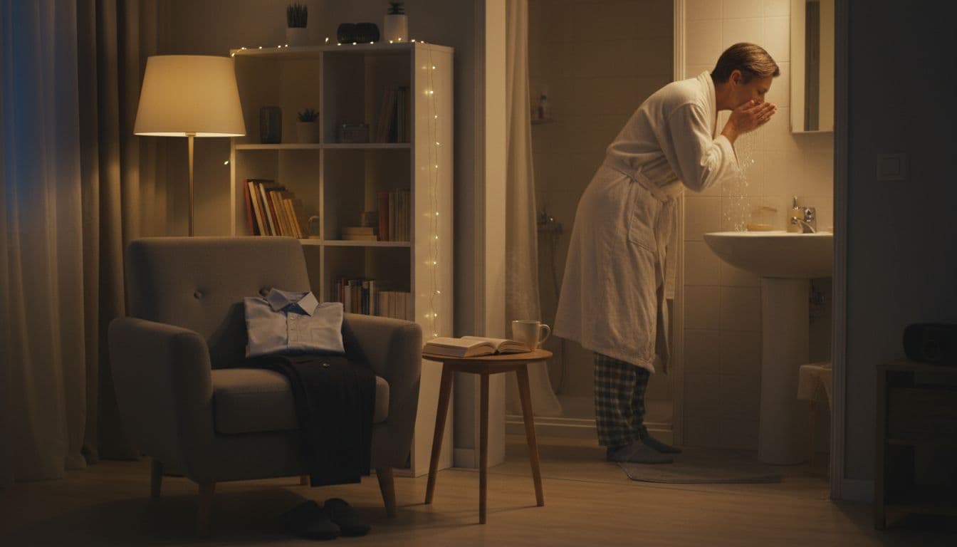 A middle-aged adult in comfortable clothes washes their face at the sink in a cozy evening living room bathroom area, with tomorrow's clothes neatly laid out on a nearby chair, dim warm lights, and an open book on the side table.