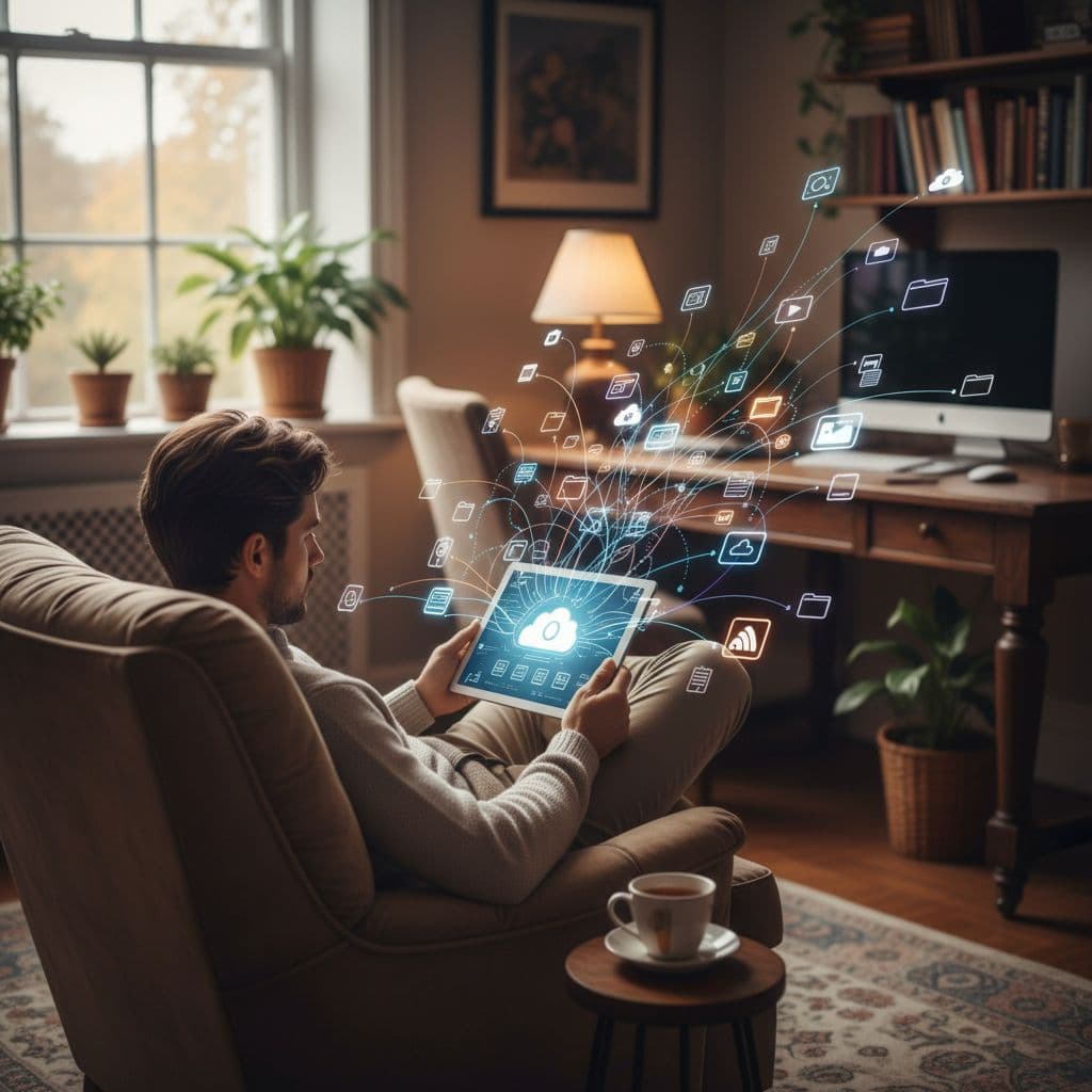 A person sits comfortably in an armchair in a cozy home office, using a tablet to sort digital icons connected by glowing light paths, symbolizing remote data organization.