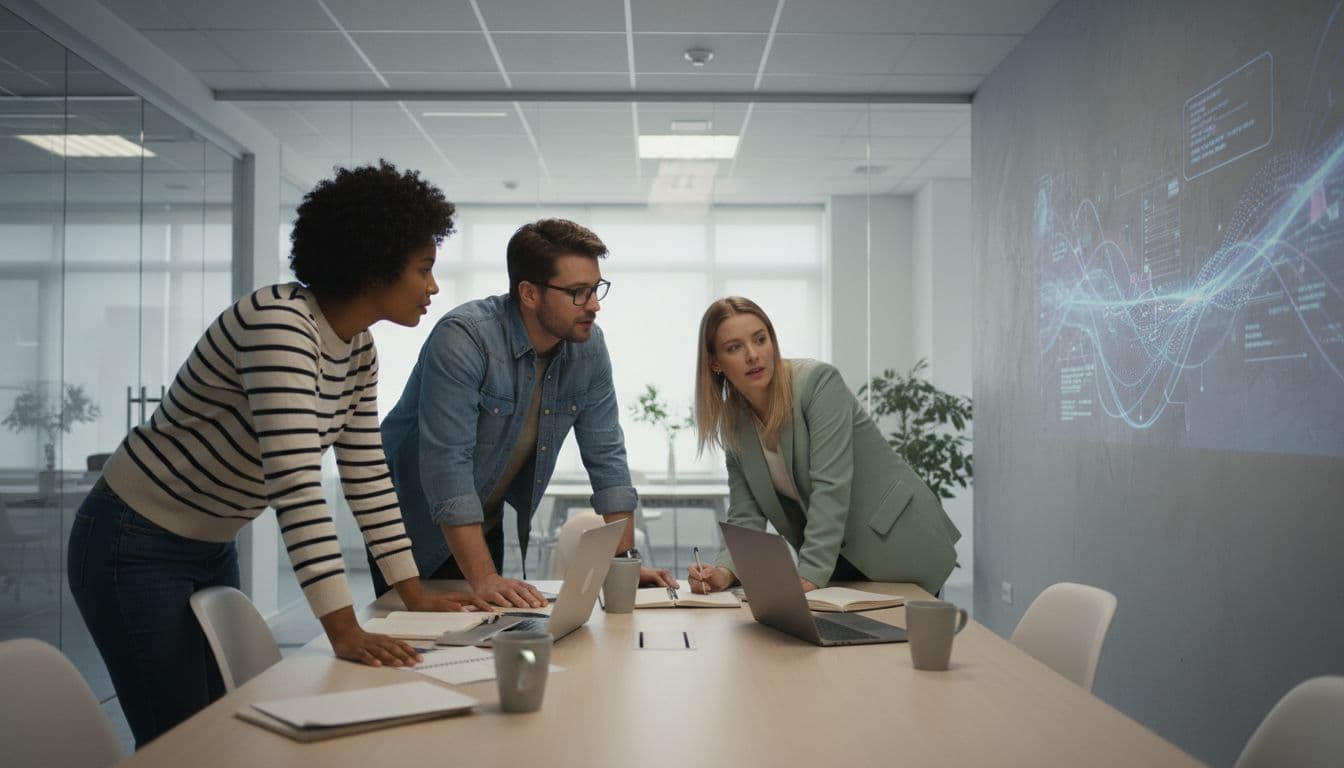 A diverse group of three professionals collaborates in a casual modern office, brainstorming around a table with laptops and faint AI-generated notes projected on the wall.
