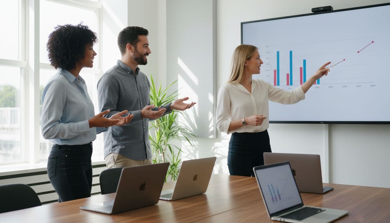 Three diverse professionals in a bright conference room engage in collaborative discussion, one pointing to simple charts on a shared screen with open laptops, natural daylight, realistic corporate style.