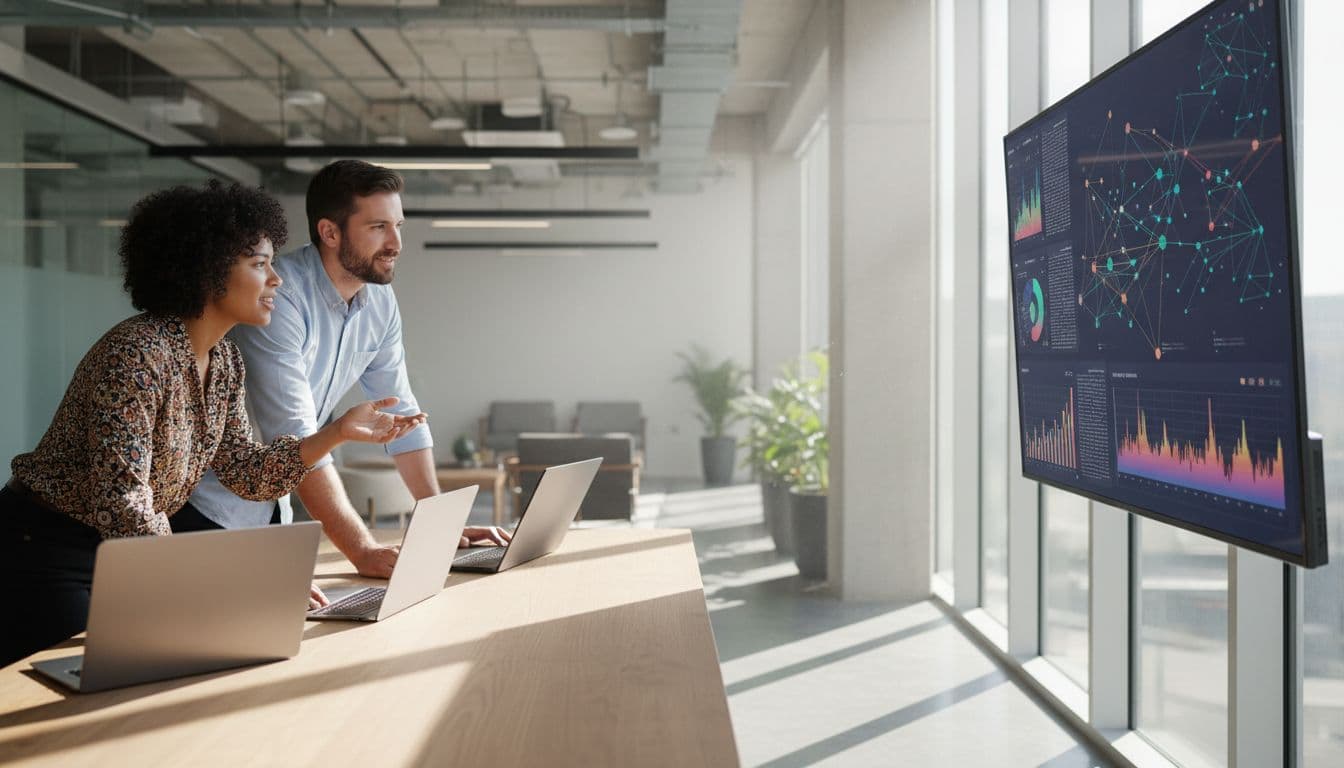 Two tech professionals of diverse genders in a modern collaborative workspace examine AI data visualizations on a large shared screen, with laptops nearby and natural daylight from windows.
