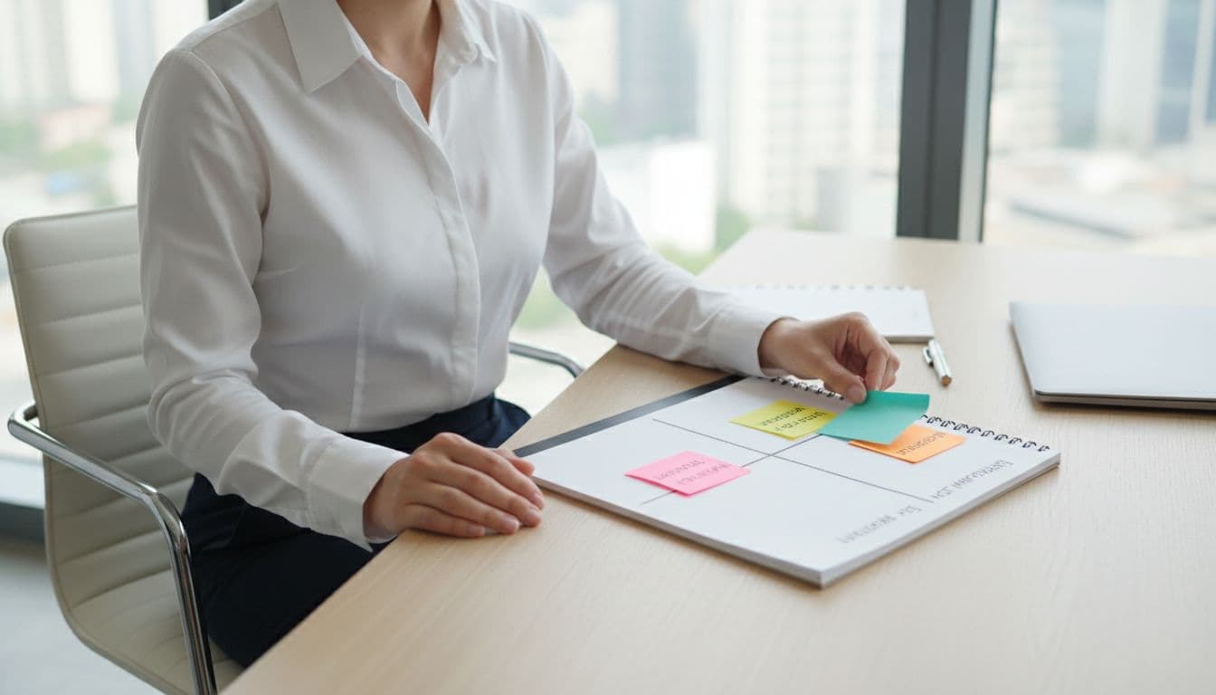 A professional sits at a modern desk, sorting four colorful sticky notes into four priority quadrants on a large notepad, illustrating the Eisenhower Matrix. Relaxed hands place one note amid a clean office with natural window light, photorealistic high detail.
