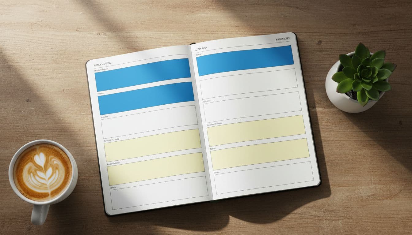 Photorealistic view of a daily planner open on a wooden desk with color-coded time blocks: blue shaded morning areas for high-energy deep work, lighter yellow afternoon blocks for admin tasks, and short white buffer gaps between them. A coffee mug and plant nearby under bright natural window light, no text or people visible.